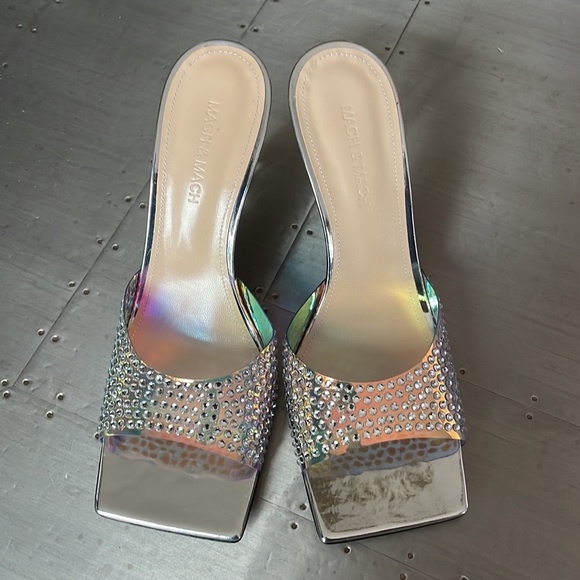Mach & Mach crystal embellished iridescent silver mules sandals pumps sz 39 - Picture 3 of 10